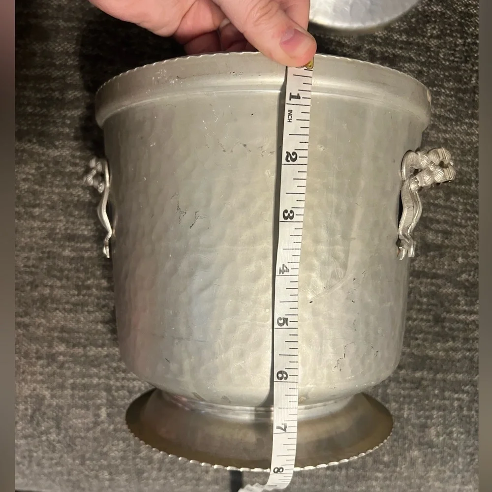 Vintage Hammered Aluminum Art Nouveau Ice Bucket Rose Bud Floral Trim Handles
